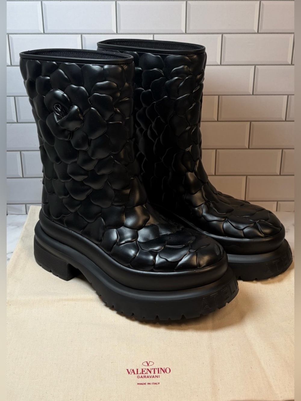 Valentino Garavani Black Quilted Camellia Embossed Platform Boots